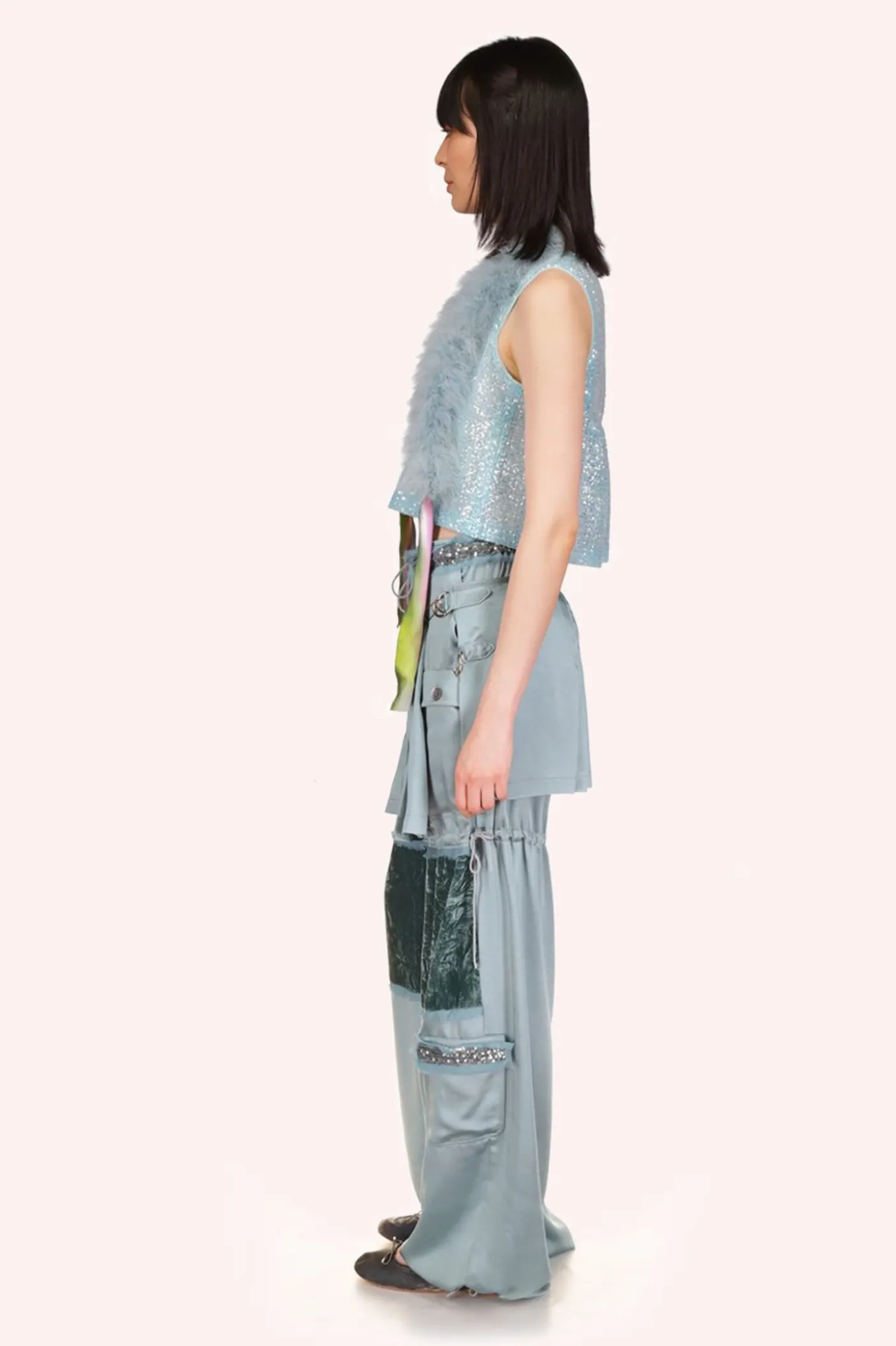Sequin Chiffon Trimmed Washed Satin Pants