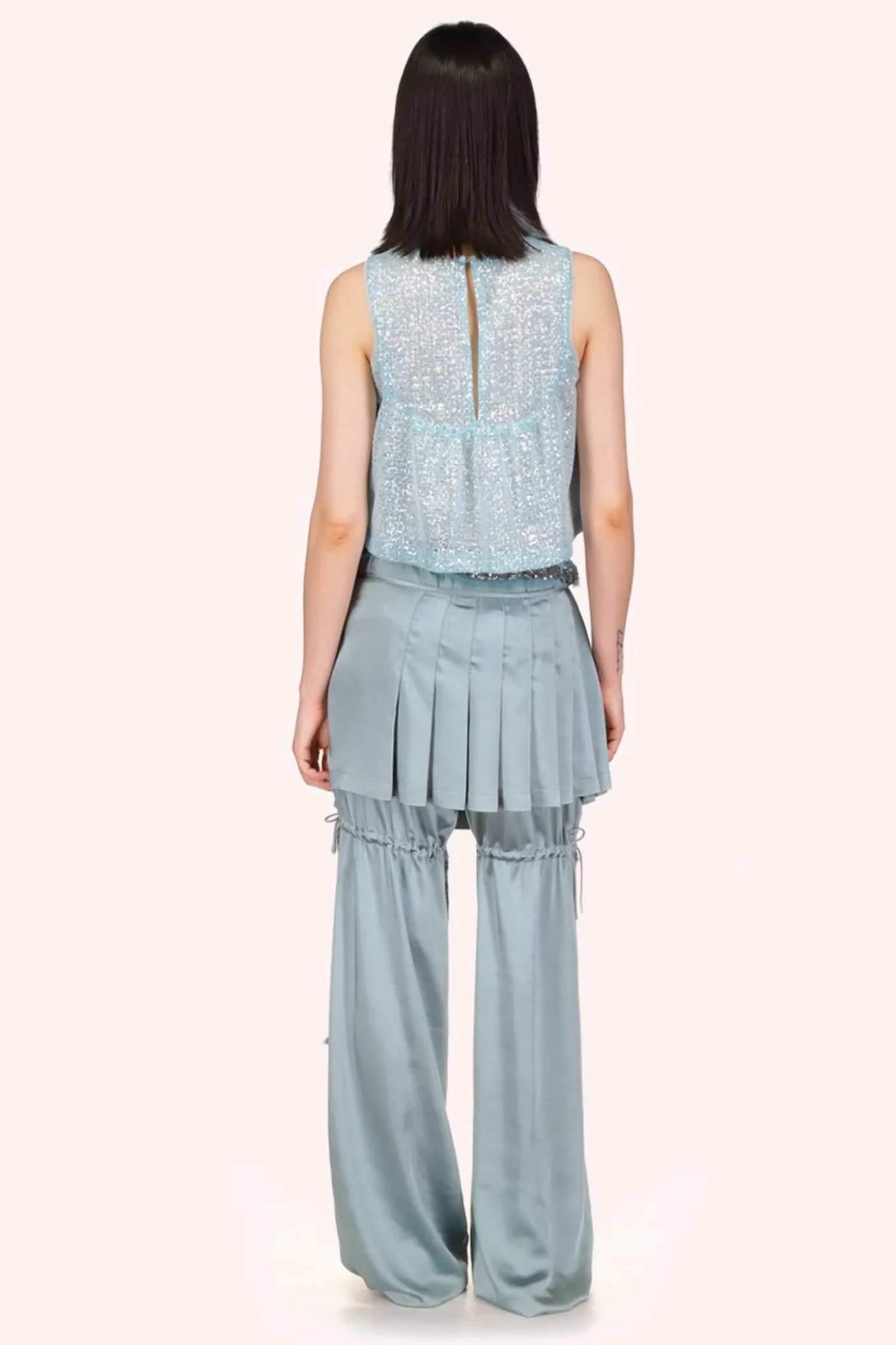 Sequin Chiffon Trimmed Washed Satin Pants