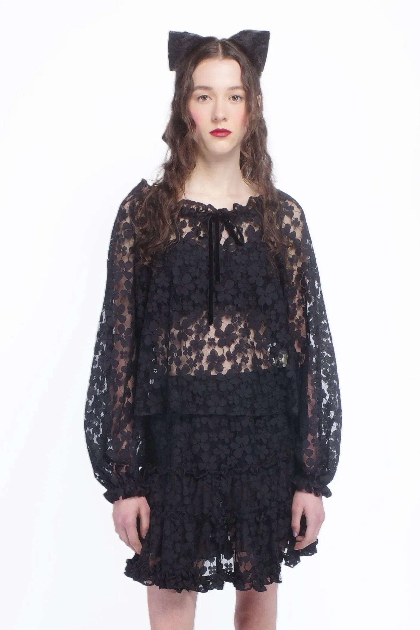 Shadow Blossom Tulle Elastic Lace Blouse