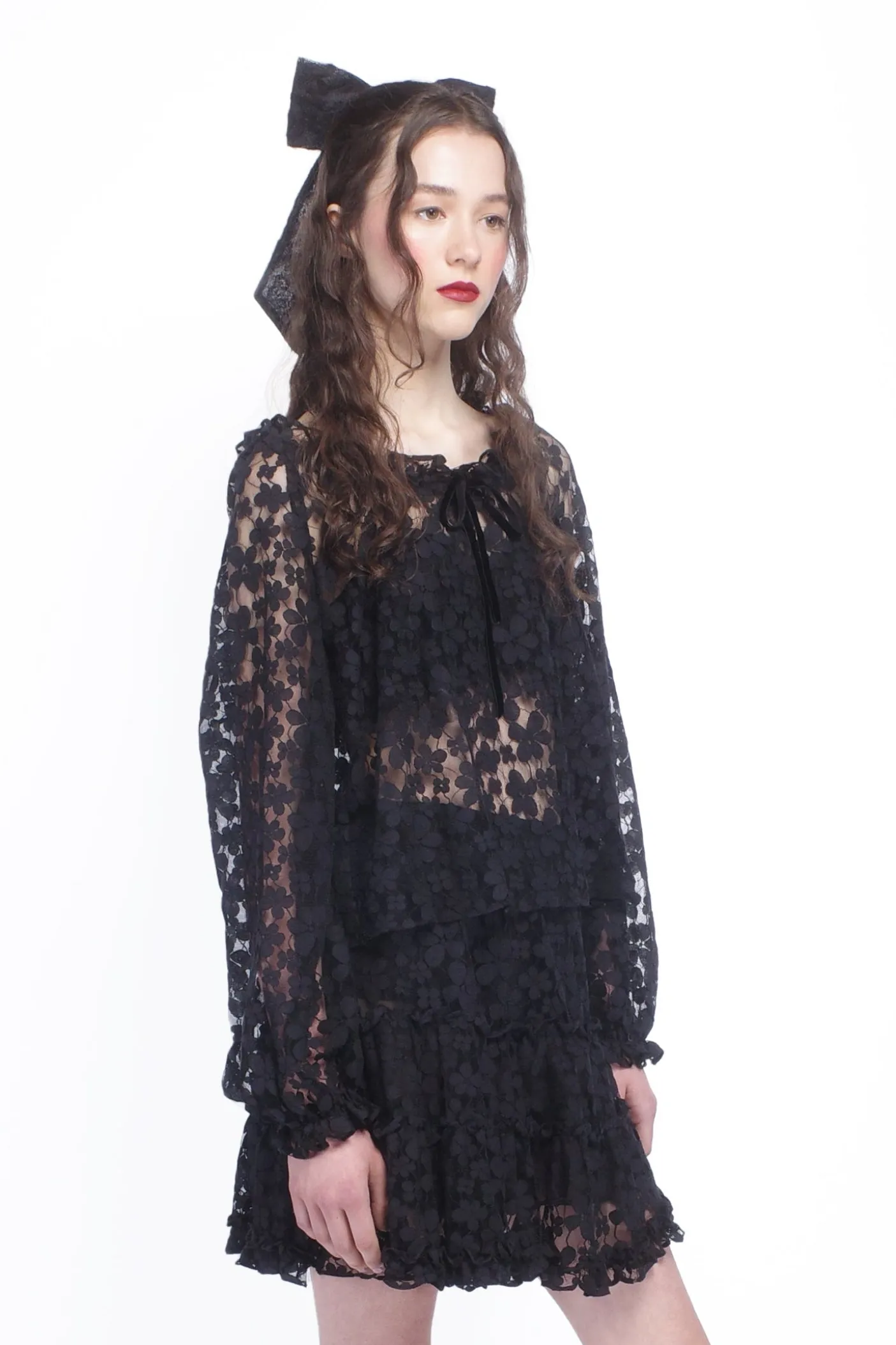 Shadow Blossom Tulle Elastic Lace Blouse
