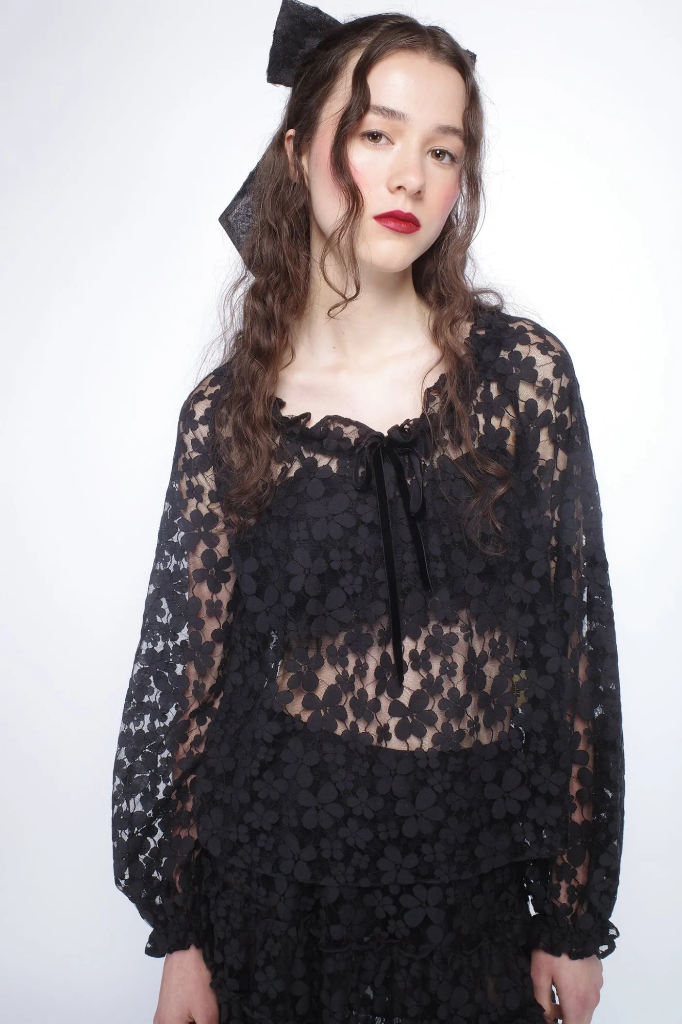 Shadow Blossom Tulle Elastic Lace Blouse