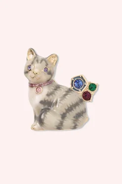 Striped Cat Brooch - Grey Multi