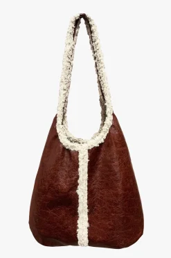 Tobacco Faux Leather with Curly Lamb Trim Hobo Bag