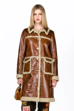 Tobacco Faux Leather with Curly Lamb Trim Coat