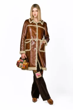 Tobacco Faux Leather with Curly Lamb Trim Coat