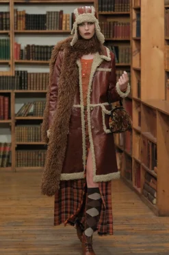 Tobacco Faux Leather with Curly Lamb Trim Coat