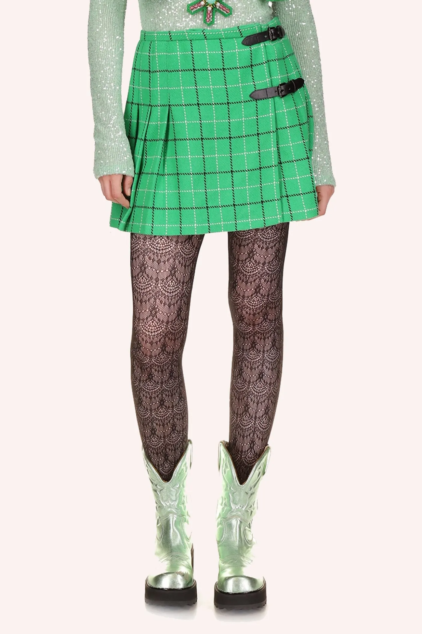 Windowpane Pleated Skirt