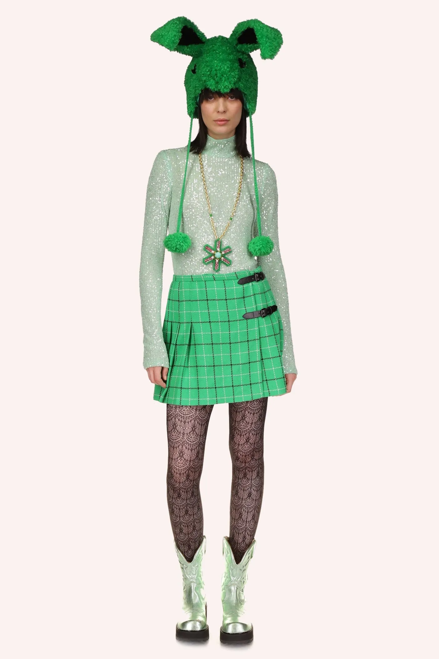 Windowpane Pleated Skirt