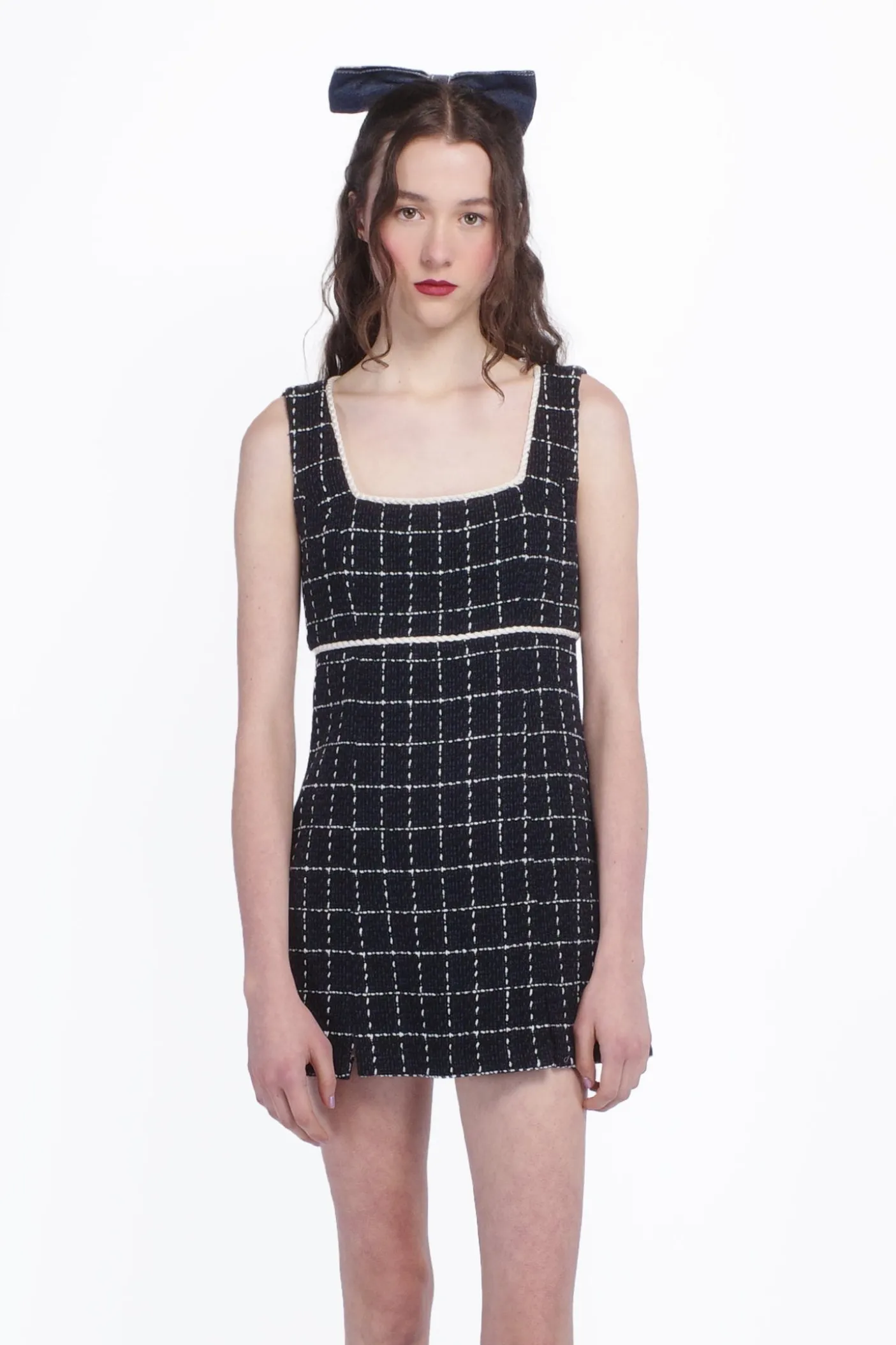 Windowpane Tweed Square Neck Mini Dress