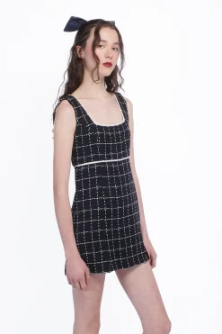 Windowpane Tweed Square Neck Mini Dress