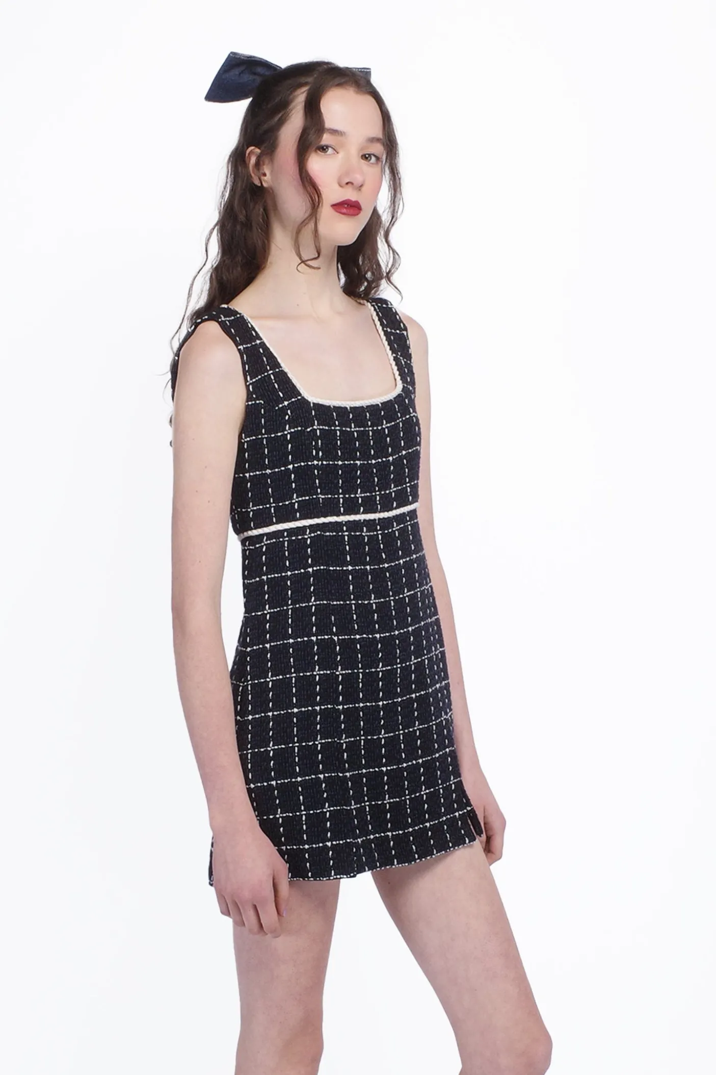 Windowpane Tweed Square Neck Mini Dress